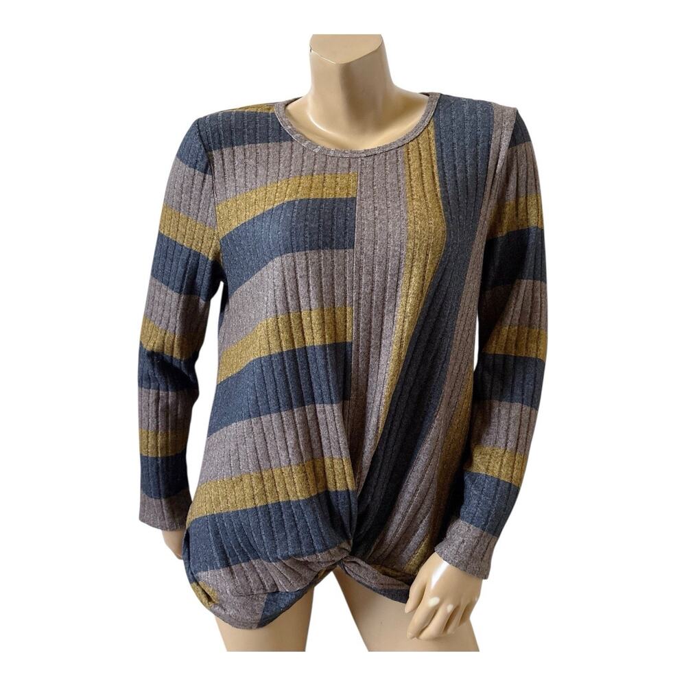 One World Tunic Top Womens L Twist Front Striped Ribbed Knit Long Sleeve Stretch